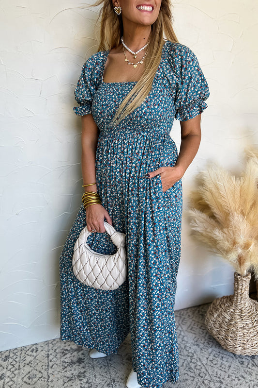 Blue Vintage Boho Floral Smocked Short Puff Sleeve Wide Leg Jumpsuit Jumpsuits & Rompers JT's Designer Fashion