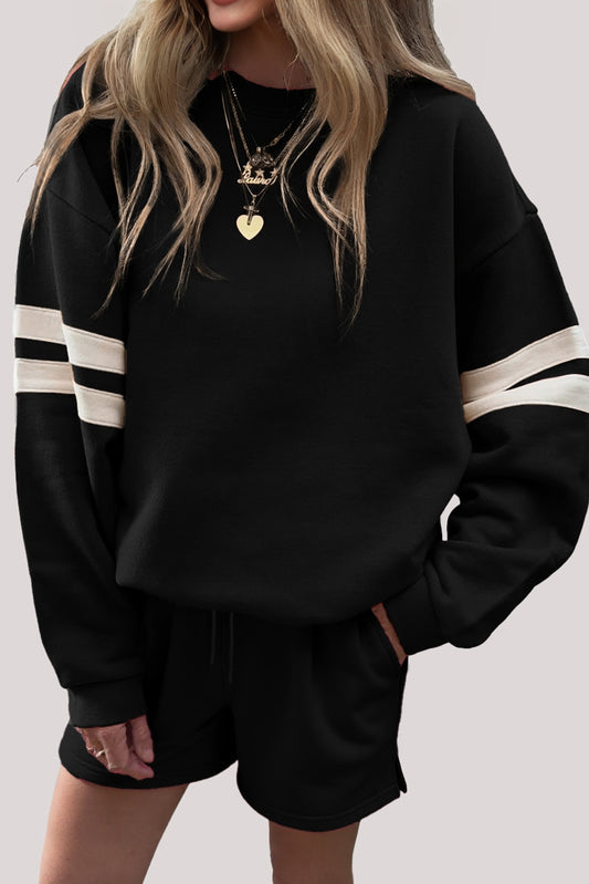 Black Varsity Striped Sleeve Drop Shoulder Sweatshirt and Short Set Black 65%Polyester+35%Cotton Short Sets JT's Designer Fashion