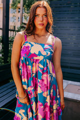 Dark Blue Floral High Waist Sleeveless Flared Long Dress Floral Dresses JT's Designer Fashion