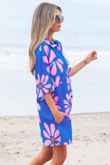 Blue Summer Flower Print Shirt Collar Button Front Loose Romper Jumpsuits & Rompers JT's Designer Fashion