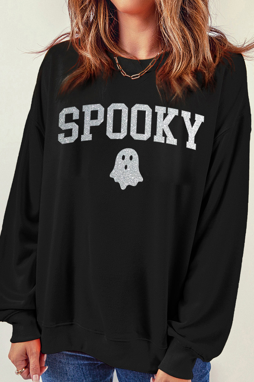 Black Glitter SPOOKY Ghost Pattern Crew Neck Halloween Sweatshirt Graphic Sweatshirts JT's Designer Fashion