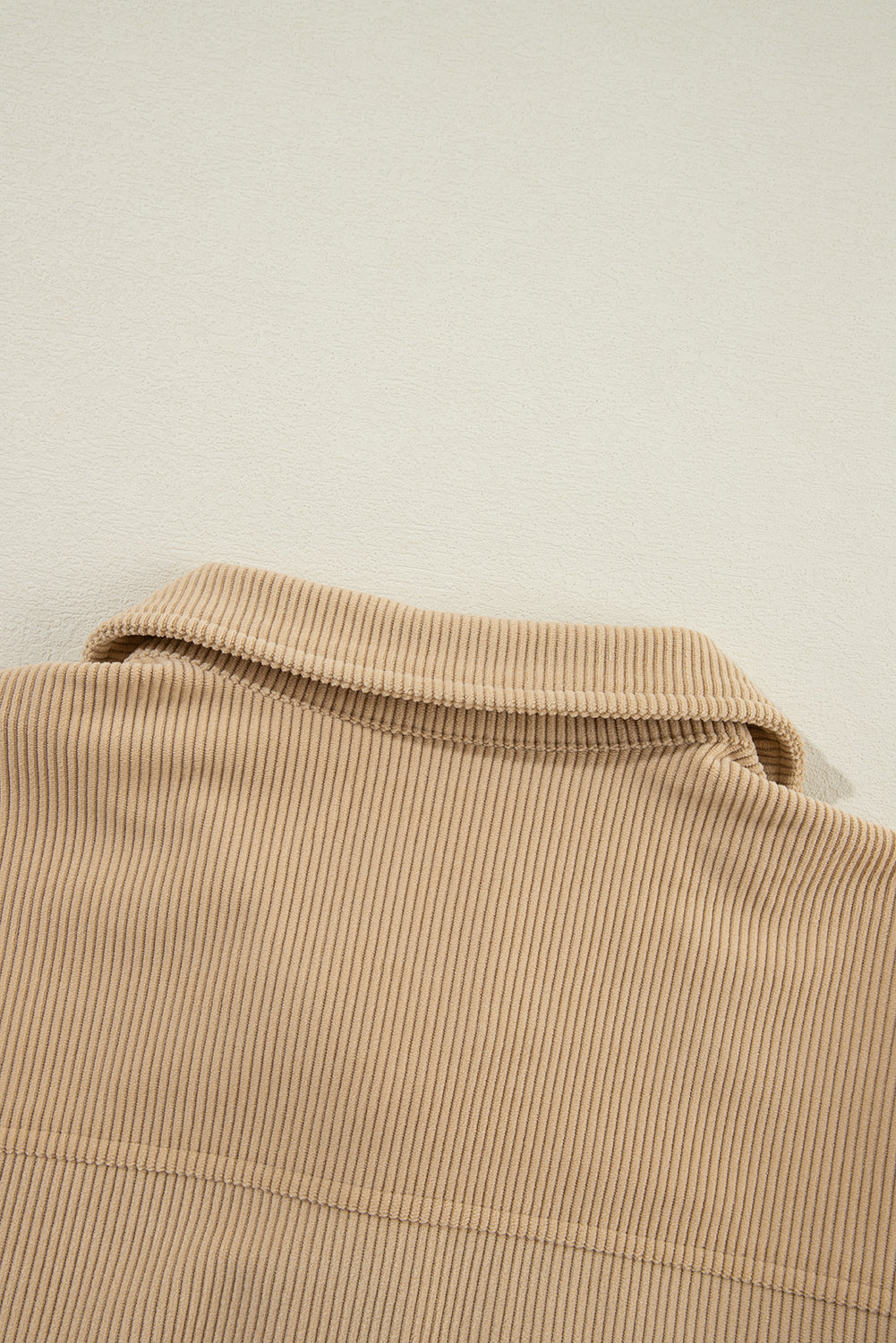 Light French Beige Solid Frilled Flap Pocket Button Up Corduroy Shacket Jackets JT's Designer Fashion