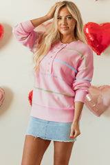 Pink Rainbow Stripes Drop Shoulder Baggy Henley Sweater Sweaters JT's Designer Fashion