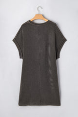 Carbon Grey Corded V Neck Plus Size T Shirt Dress with Pockets Plus Size Mini Dresses JT's Designer Fashion
