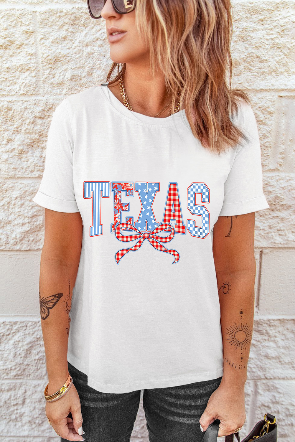White Independence Day TEXAS Bow Printed T Shirt Graphic Tees JT's Designer Fashion