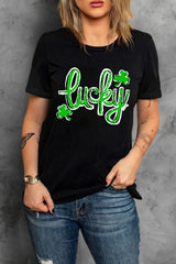 Black St. Patricks Lucky Clover Print O Neck T Shirt Graphic Tees JT's Designer Fashion