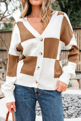Khaki Checkered Pattern Ribbed Detail Button V Neck Sweater Cardigan Cardigans JT's Designer Fashion