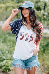 White USA Flag Sequin Patchwork Color Bock T Shirt Graphic Tees JT's Designer Fashion