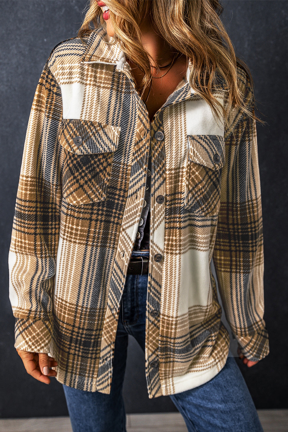 Multicolour Plaid Print Flap Pocket Button Up Shacket Plaid Shackets JT's Designer Fashion