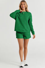 Green Textured Long Sleeve Top and Drawstring Shorts Set Short Sets JT's Designer Fashion