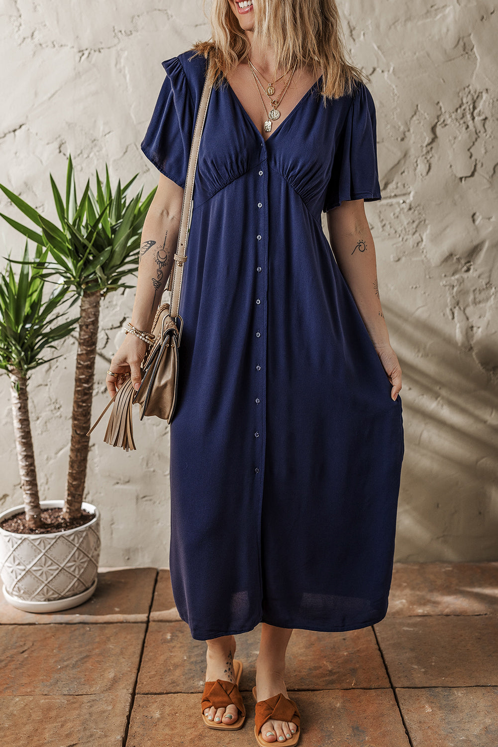 Navy Blue V Neck Buttoned Front Shirred Back Short Sleeve Midi Dress Dresses JT's Designer Fashion