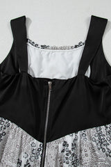 Black Sleeveless Leather Bustier Patchwork Paisley Floral Chiffon Dress Mini Dresses JT's Designer Fashion