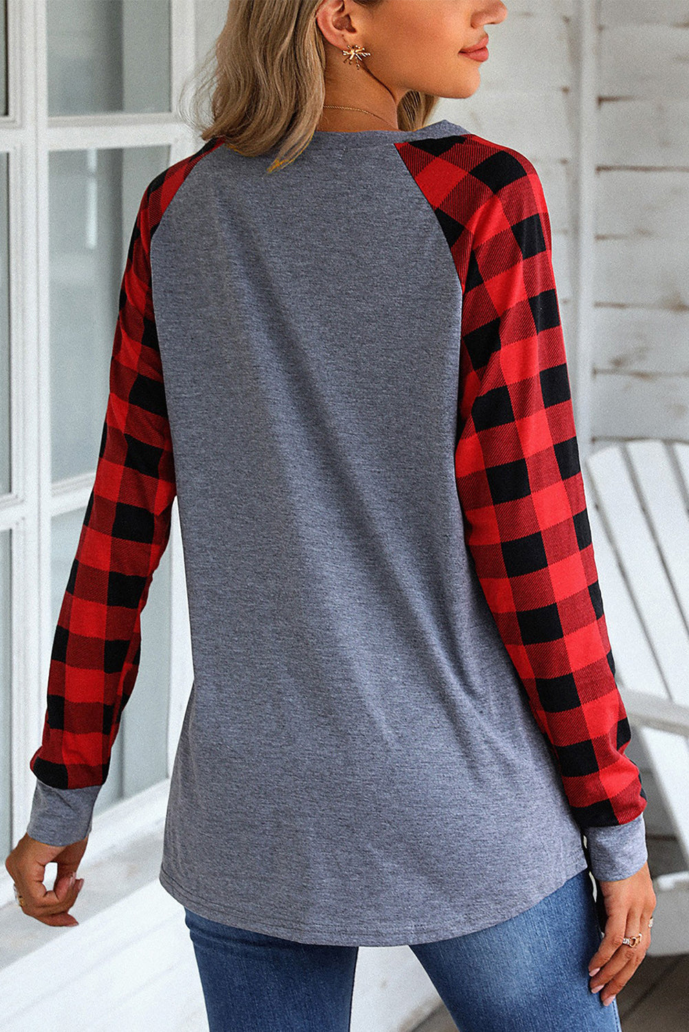 Fiery Red Plaid Raglan Long Sleeve Top Long Sleeve Tops JT's Designer Fashion