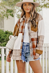 Orange Plaid Color Block Patchwork Shirt Jacket with Pocket Plaid Shackets JT's Designer Fashion