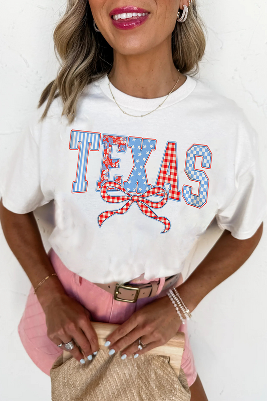 White Independence Day TEXAS Bow Printed T Shirt Graphic Tees JT's Designer Fashion