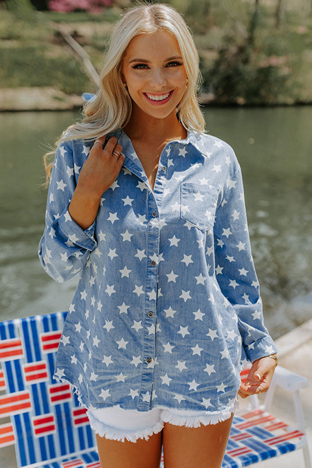 Sky Blue Star Print Light Wash Raw Hem Denim Jacket Denim Jackets JT's Designer Fashion