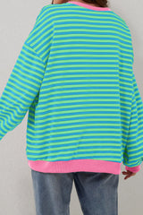 Sky Blue Stripe Oversized Contrast Trim Pullover Sweatshirt Sweatshirts & Hoodies JT's Designer Fashion