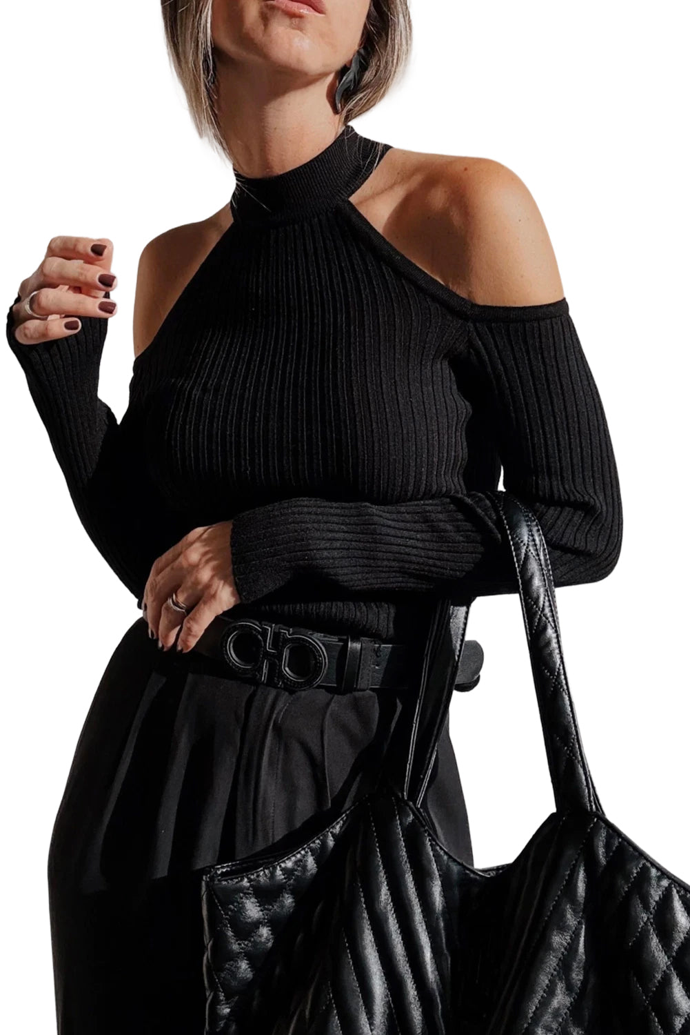 Black Ribbed Knit Cold Shoulder Choker Neck Sweater Sweaters JT's Designer Fashion