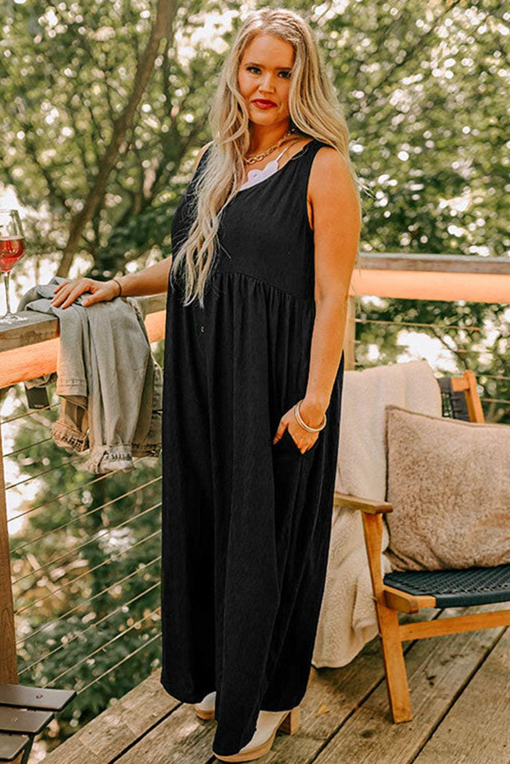 Black Plus Size Sleeveless Button Front Loose Jumpsuit Plus Size Bottoms JT's Designer Fashion