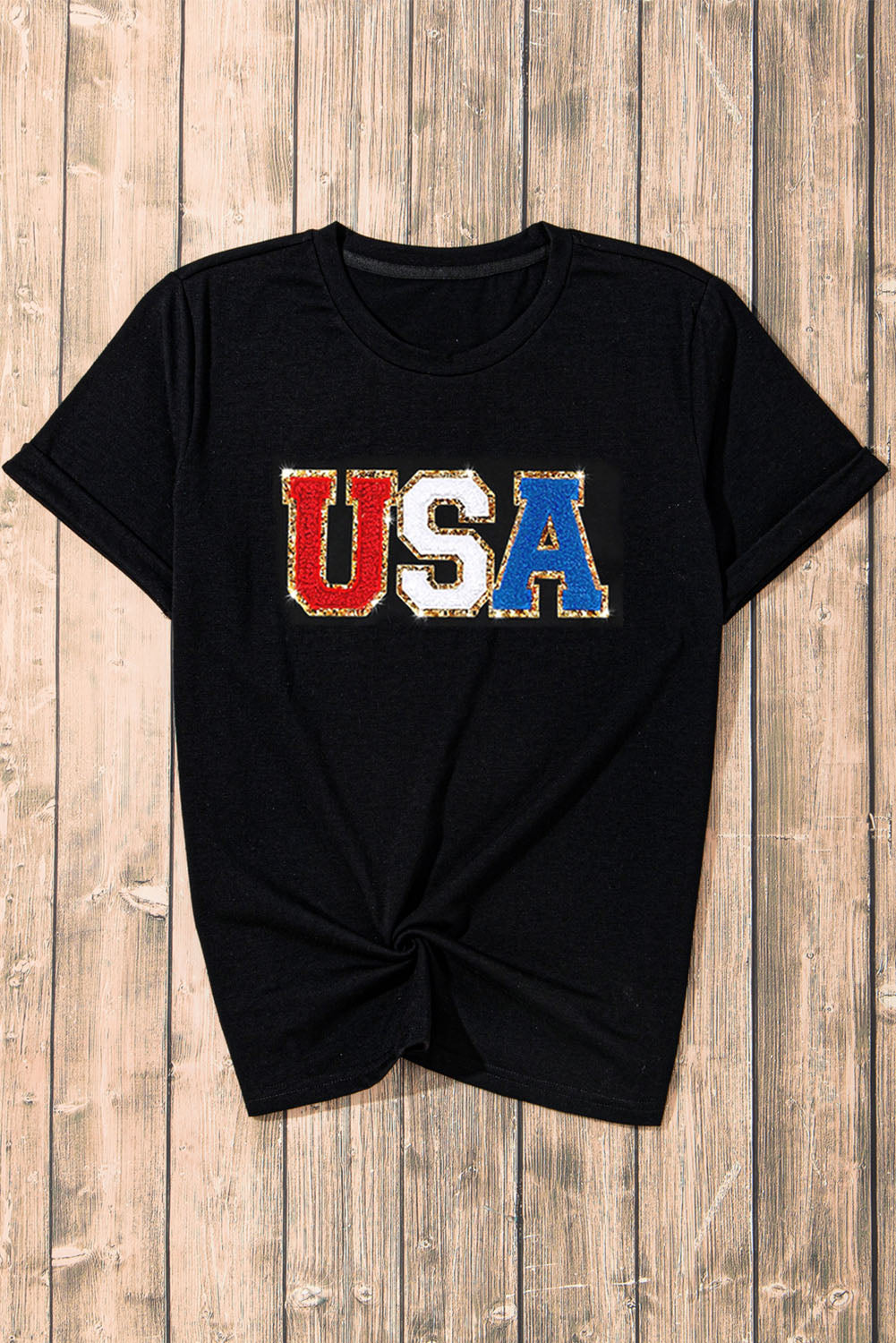 Black Glitter Trim Chenille USA Graphic T Shirt Graphic Tees JT's Designer Fashion