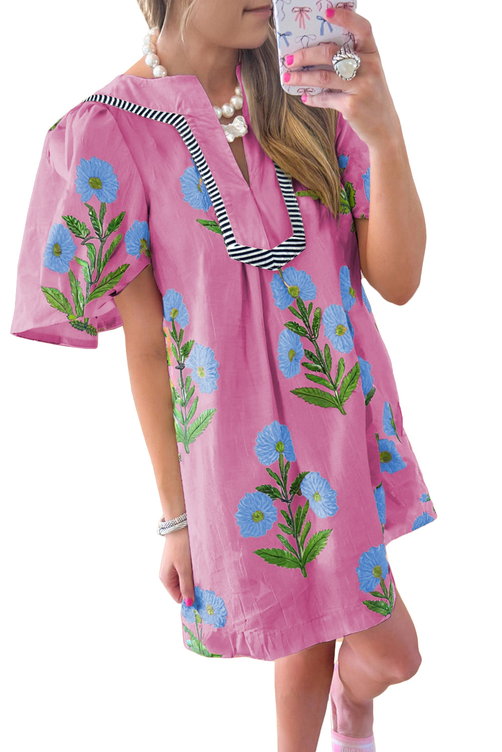 Rose Floral Short Sleeve Split Neck Loose Mini Dress Floral Dresses JT's Designer Fashion