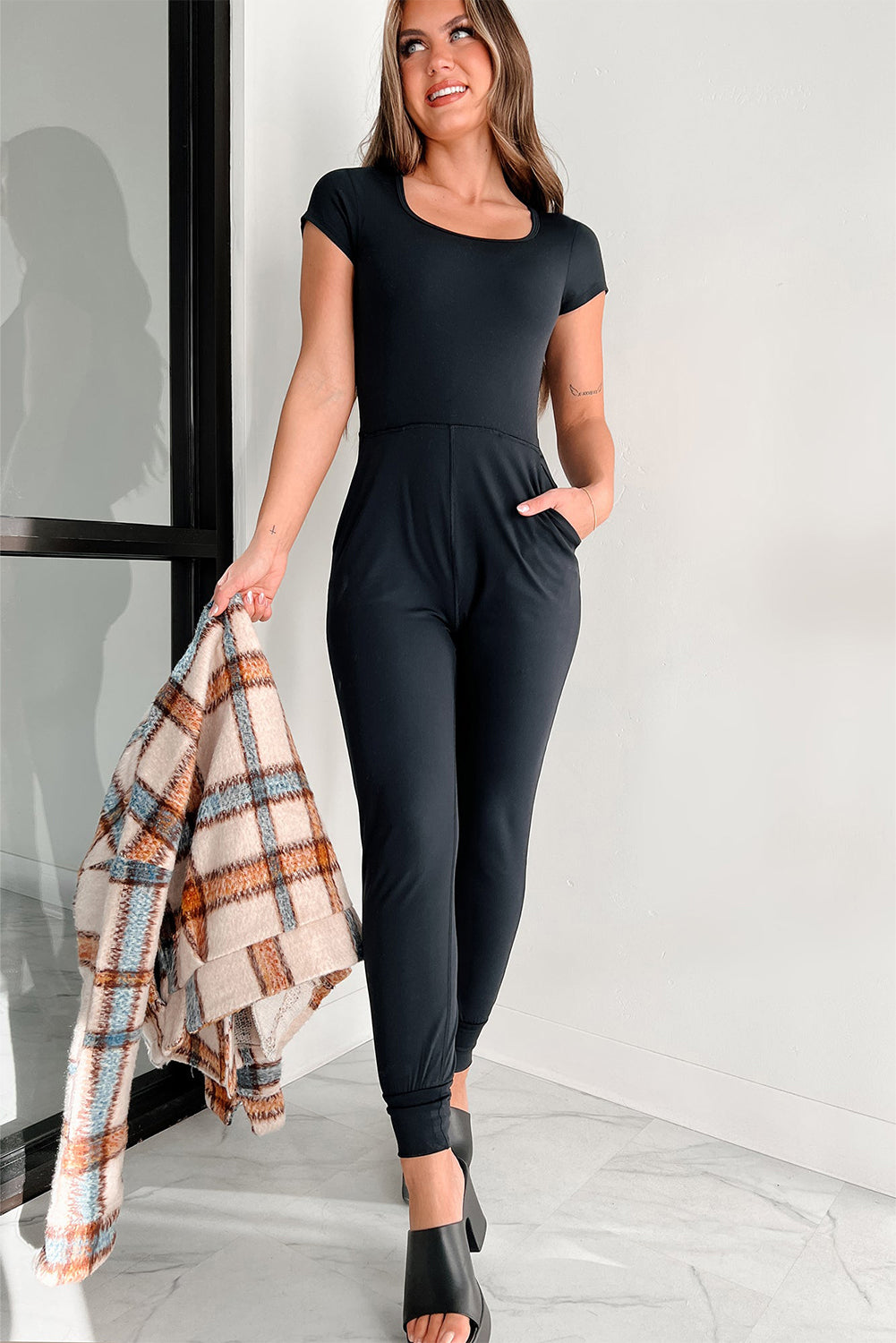 Black Short Sleeve Pocket Jogger Bottom Athleisure Jumpsuit Bottoms JT's Designer Fashion
