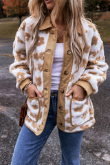 Light French Beige Cute Flower Pattern Button Up Fleece Jacket Jackets JT's Designer Fashion