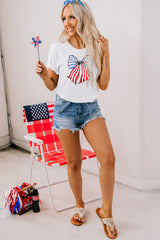 White Stripes and Stars Bowknot Print T Shirt Graphic Tees JT's Designer Fashion