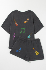 Carbon Grey Twisted Rib Texture Guitar Music Note Patched 2pcs Short Set Graphic Sets JT's Designer Fashion