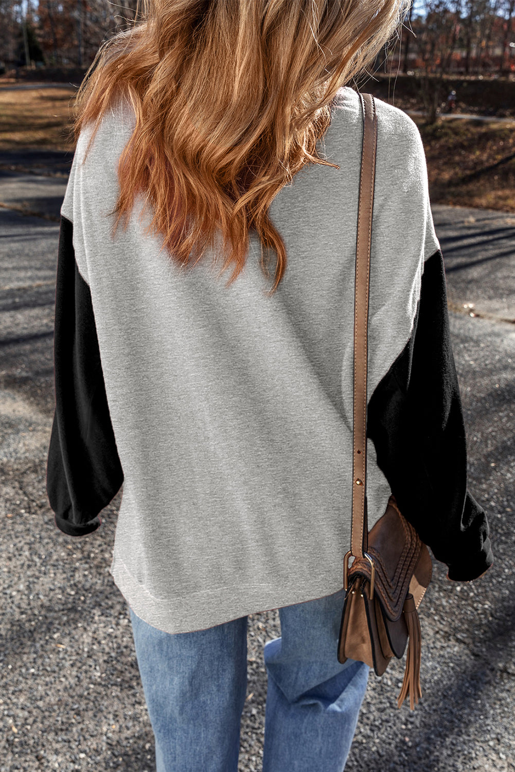 Gray Two Tone Patchwork Drop Shoulder Pullover Sweatshirt Sweatshirts & Hoodies JT's Designer Fashion