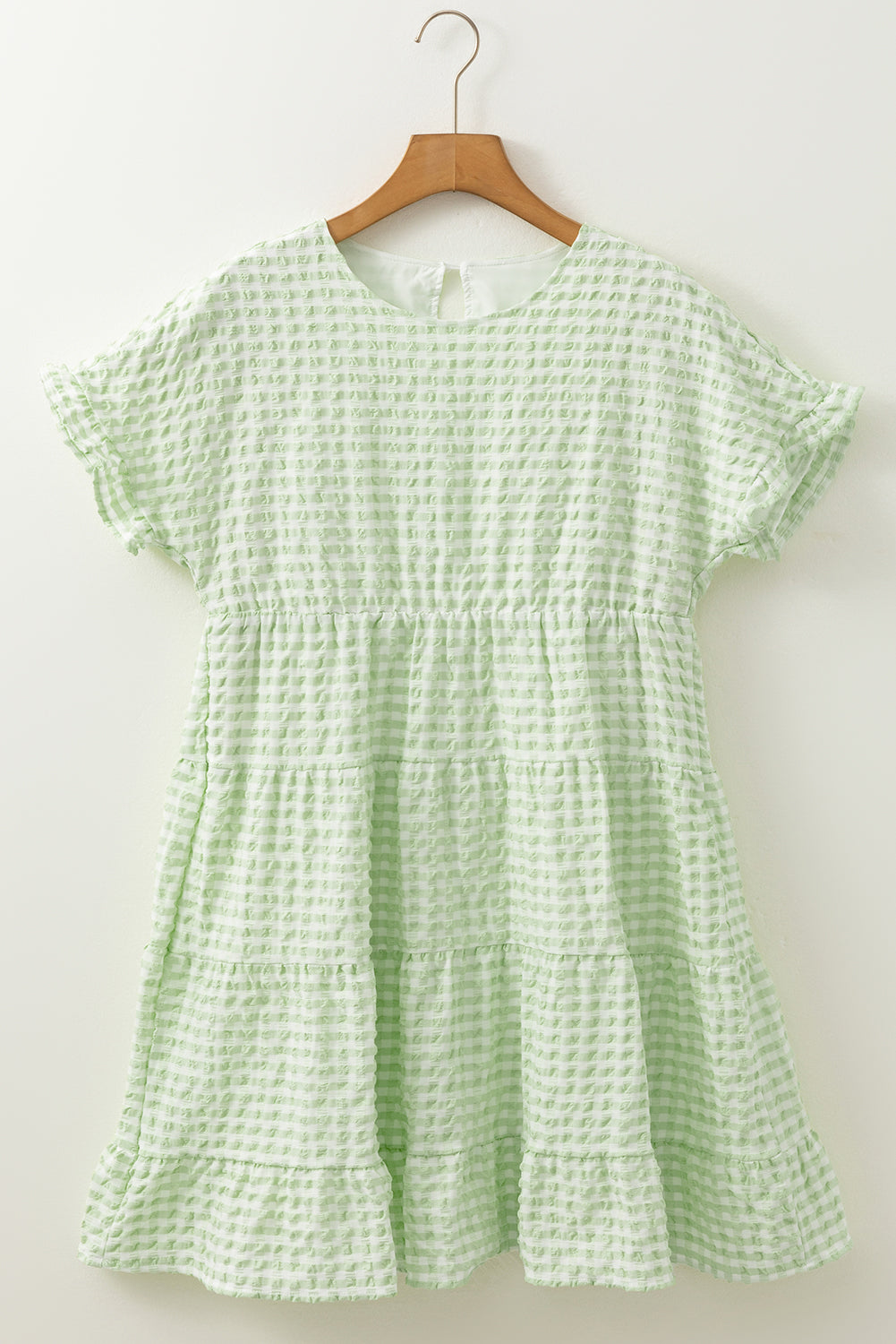 Green Stripe Textured Tiered Short Sleeve Loose Mini Dress Mini Dresses JT's Designer Fashion