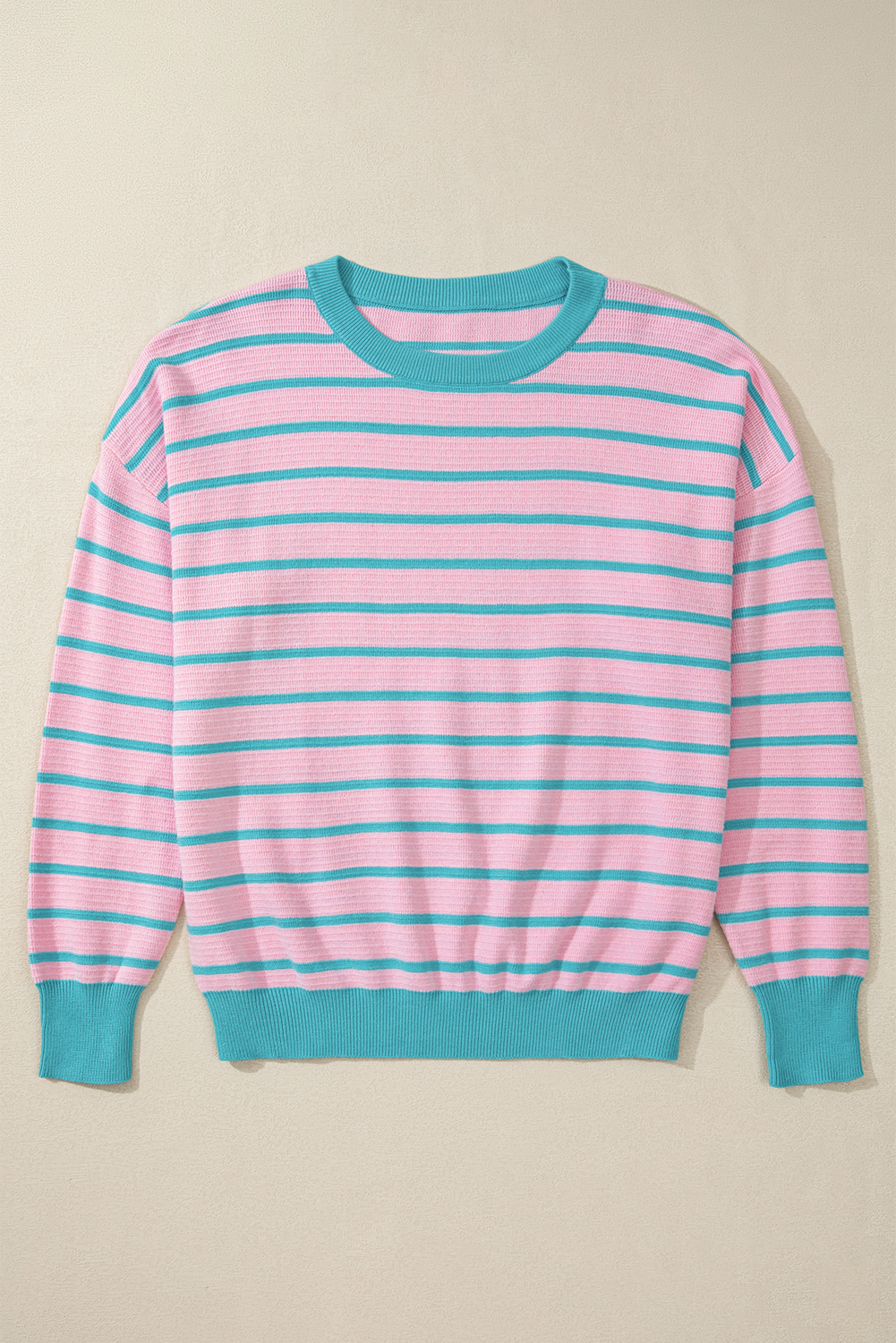 Pink Stripe Trimmed Round Neck Drop Shoulder Loose Sweater Sweaters JT's Designer Fashion
