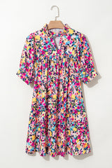 Pink Floral Puff Short Sleeve V Neck Mini Dress Floral Dresses JT's Designer Fashion