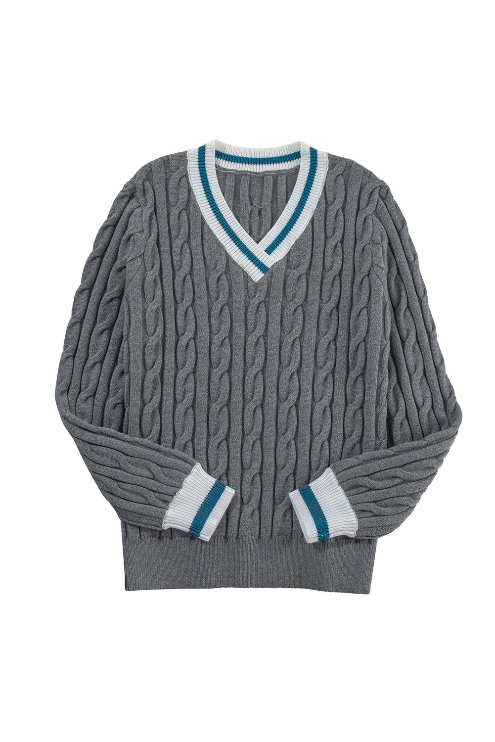 Medium Grey Color Contrast Ribbed Edge Cable Knit V Neck Sweater Sweaters JT's Designer Fashion