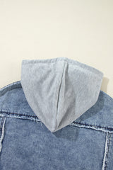 Beau Blue Plaid Print Patchwork Hooded Raw Hem Denim Jacket Denim Jackets JT's Designer Fashion