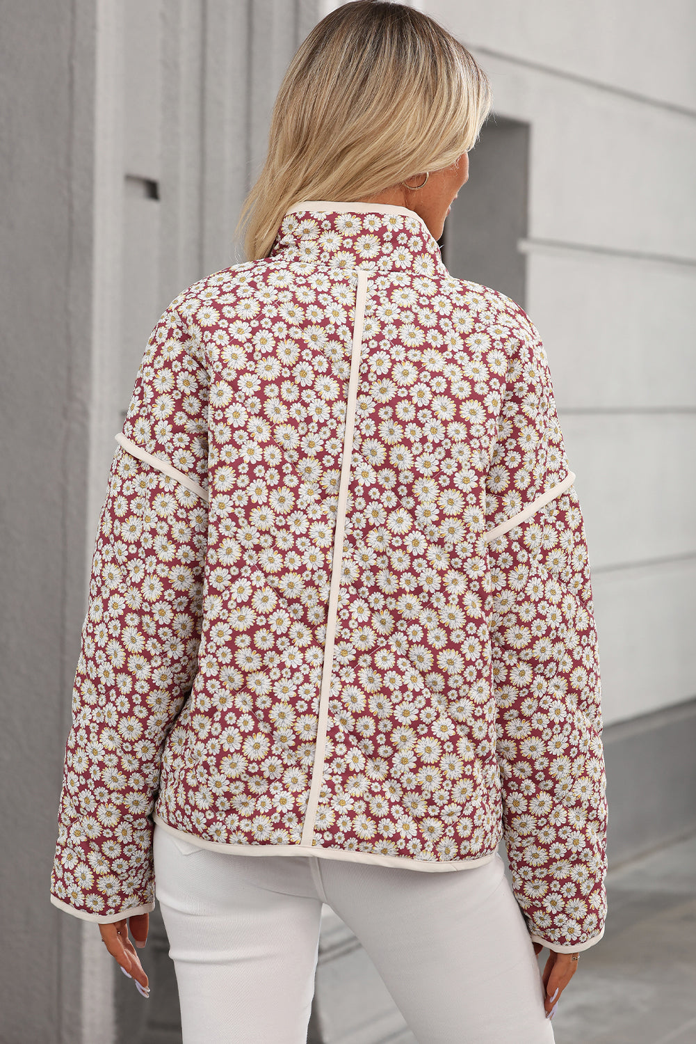Pink Floral Print Contrast Edge Pocketed Stand Neck Jacket Jackets JT's Designer Fashion