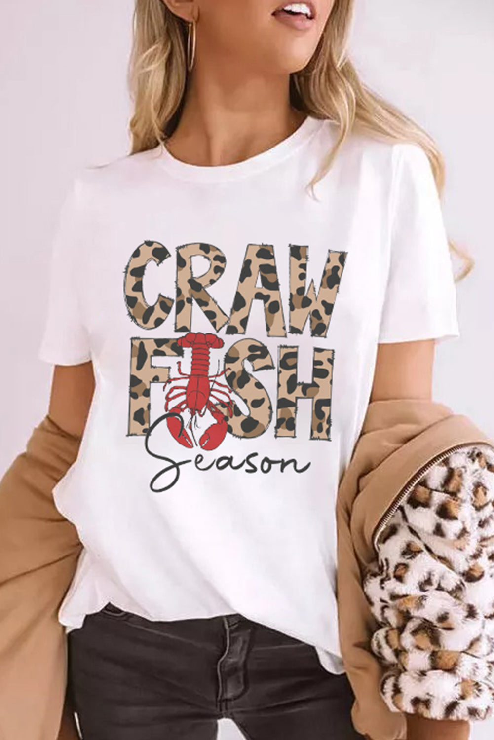 White Leopard CRAWFISH Season Lettering Casual Tee Graphic Tees JT's Designer Fashion