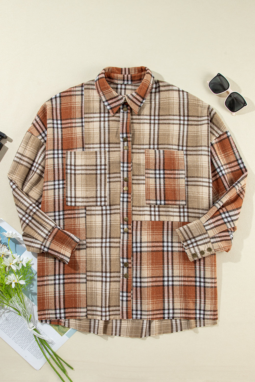 Khaki Plaid Colorblock Patchwork High Low Shacket Plaid Shackets JT's Designer Fashion