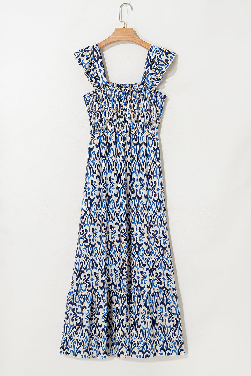 Sky Blue Boho Print Smocked High Waist Long Dress Maxi Dresses JT's Designer Fashion