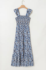Sky Blue Boho Print Smocked High Waist Long Dress Maxi Dresses JT's Designer Fashion