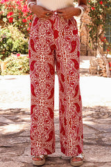 Red Paisley Printed Buttoned High Waist Straight Leg Pants Pants & Culotte JT's Designer Fashion