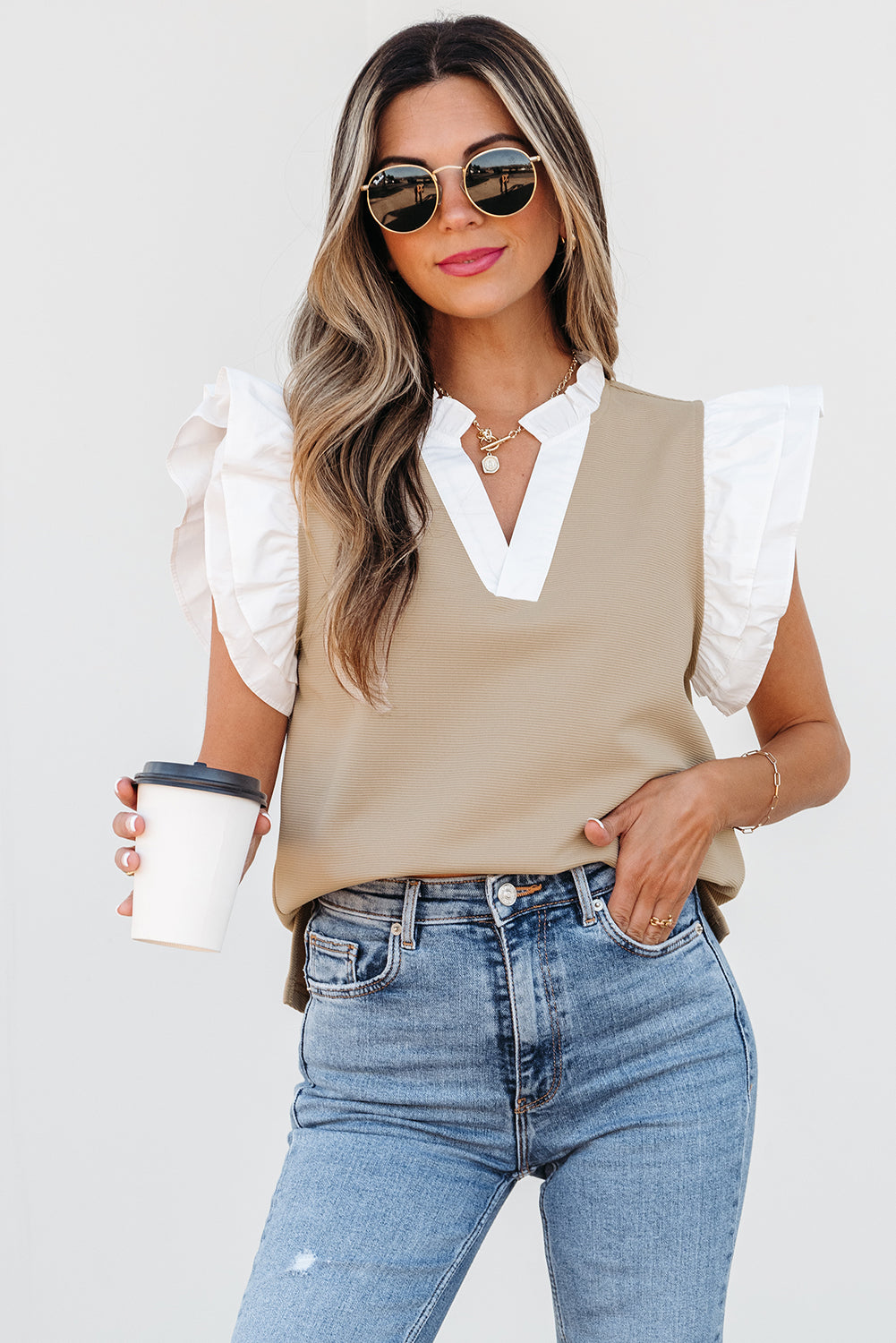 Pale Khaki Contrast V Neck Ruffled Textured Knit Top Blouses & Shirts JT's Designer Fashion