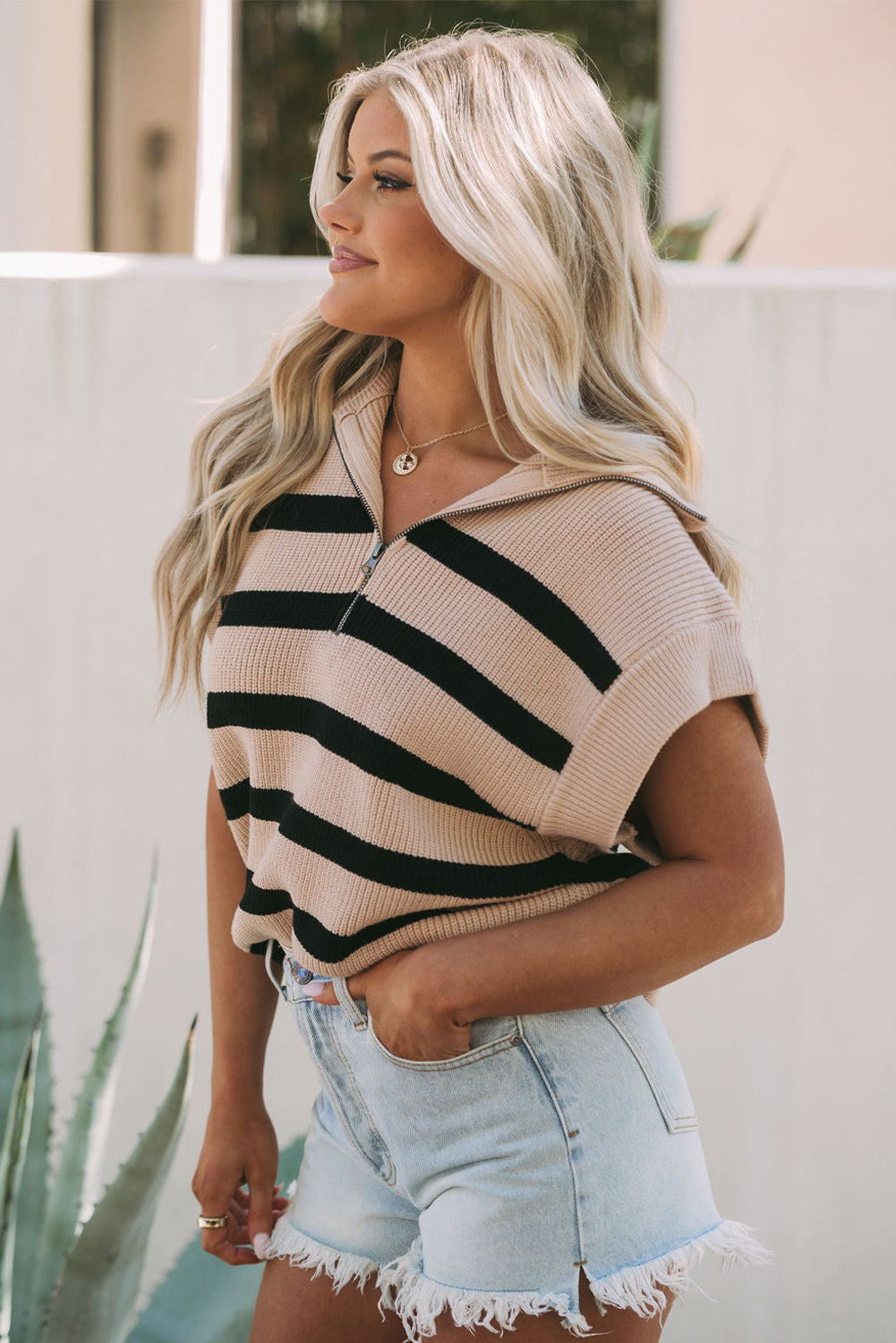 Khaki Stripe Zipped Collar Short Sleeve Sweater Top Sweaters & Cardigans JT's Designer Fashion
