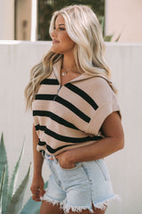 Khaki Stripe Zipped Collar Short Sleeve Sweater Top Sweaters & Cardigans JT's Designer Fashion
