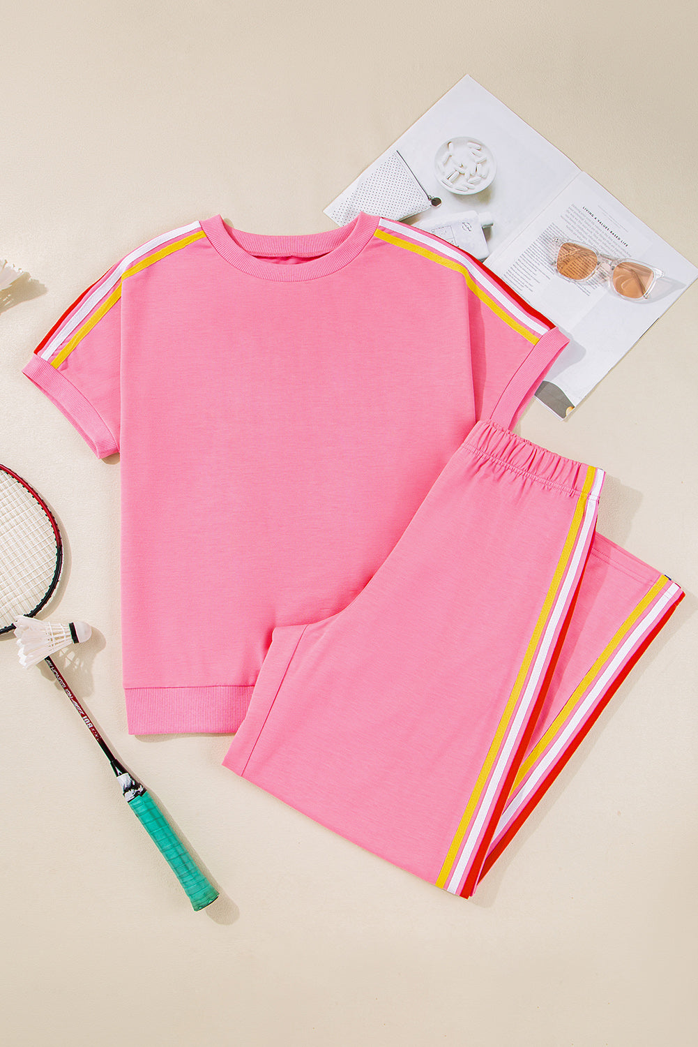 Bonbon Color Contrast Crewneck T Shirt and Wide Leg High Waist Pants Set Pant Sets JT's Designer Fashion