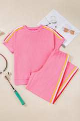 Bonbon Color Contrast Crewneck T Shirt and Wide Leg High Waist Pants Set Pant Sets JT's Designer Fashion