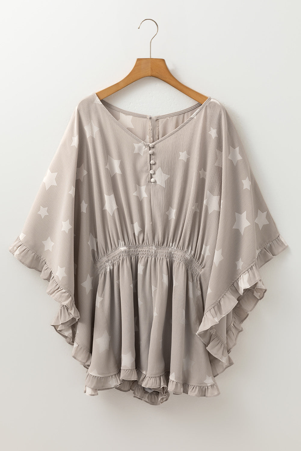 Gray Star Print Crinkle Textured Kimono Ruffle Sleeve Romper Bottoms JT's Designer Fashion