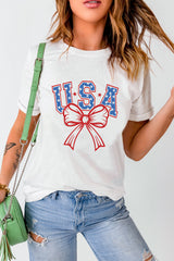 White USA Bow Letter Graphic Short Sleeve Top Graphic Tees JT's Designer Fashion
