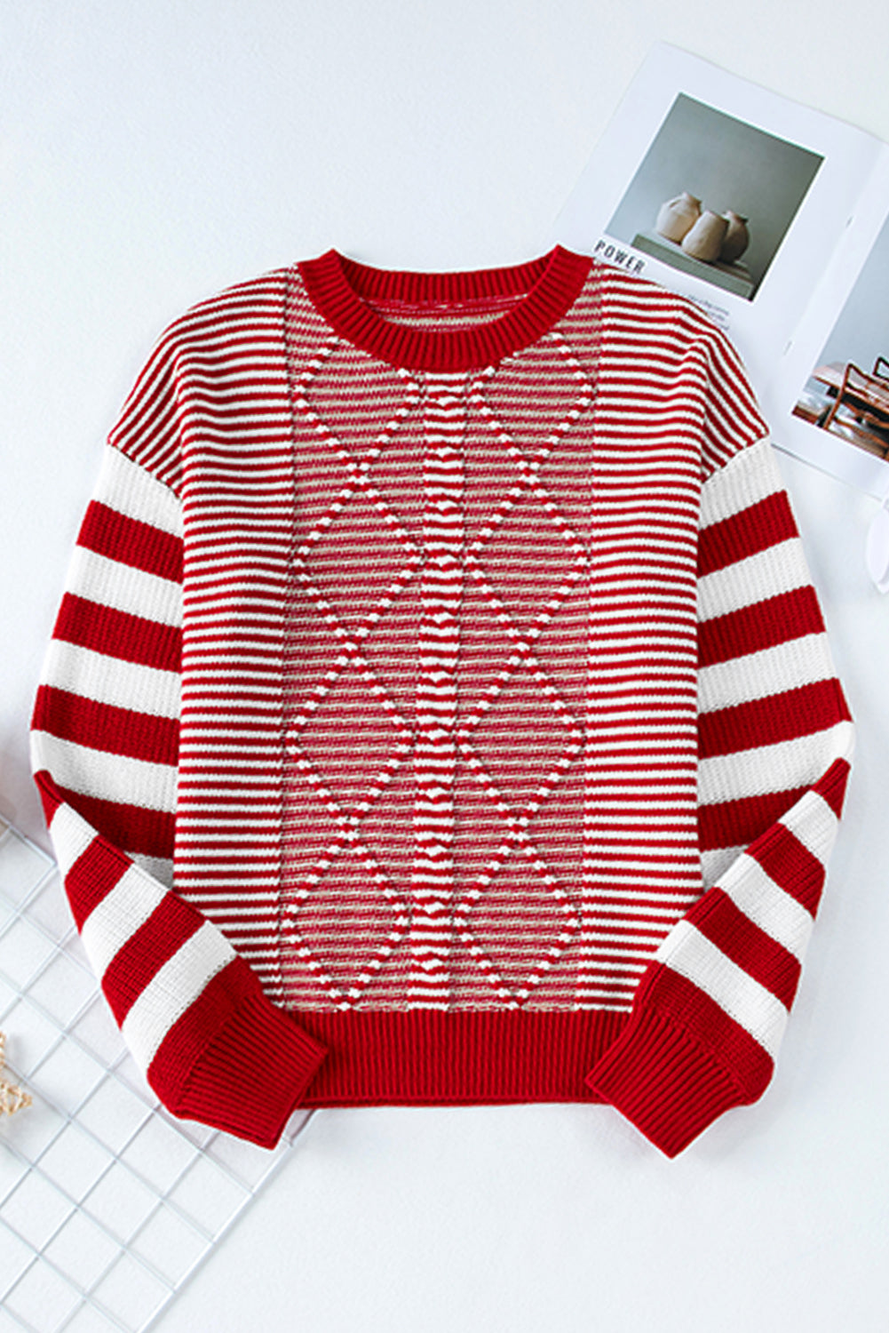 Red Stripe Geometric Textured Drop Shoulder Sweater Sweaters JT's Designer Fashion
