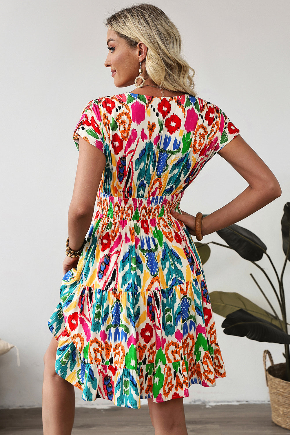 Sky Blue Abstract Print V Neck Dolman Sleeve Ruffle Tiered Mini Dress Dresses JT's Designer Fashion